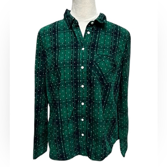 Merona Women’s XL Button Up Cotton Shirt Green Navy Blue Fits like Large - Picture 1 of 8